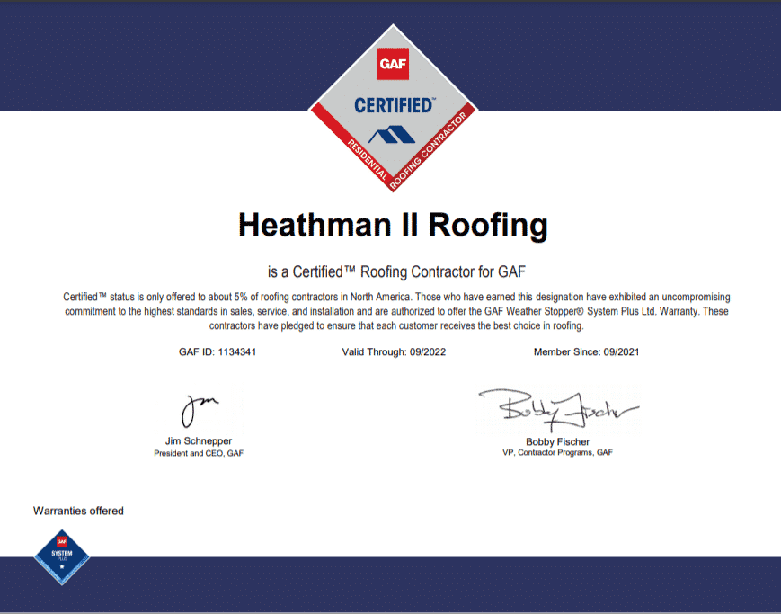 Heathman II Roofing GAF certificate